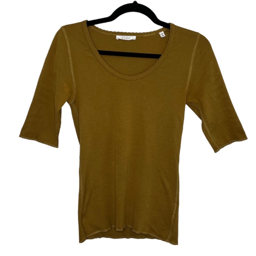 DOEN Scoop Neck Elbow Sleeve Cotton T-Shirt Size Small Green/Brown Color